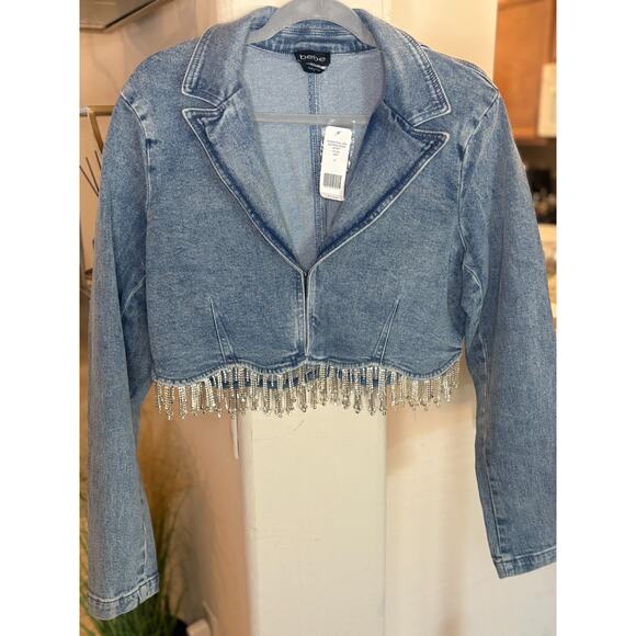 Bebe Rhinestone Hem Cropped Denim Jacket Size XL NEW MSRP $159 - Picture 2 of 7